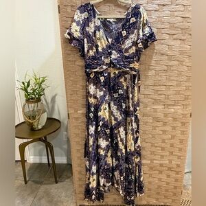 Abel the Label Anthropologie "Ghandi" navy floral flutter sleeve maxi dress M